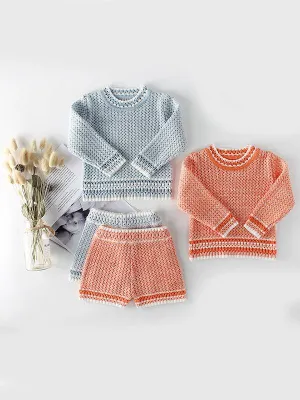 2-piece Knitted Wear Top   Shorts Set Long Sleeve Solid Color for Baby Boys Girls