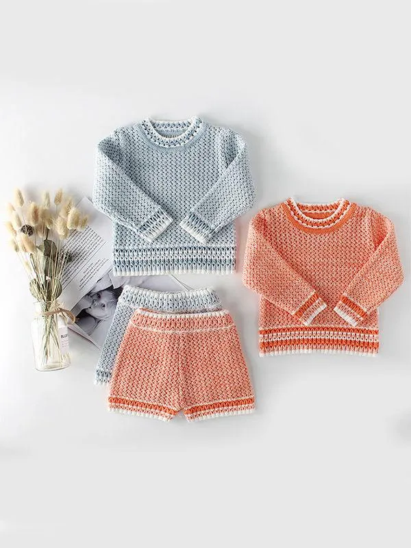 2-piece Knitted Wear Top   Shorts Set Long Sleeve Solid Color for Baby Boys Girls