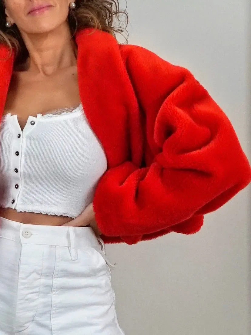 80's Red Fur Cropped Jacket