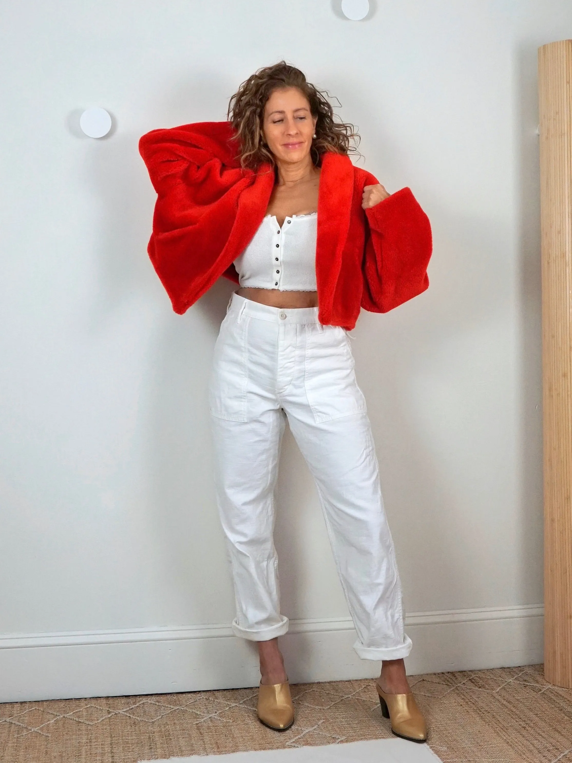 80's Red Fur Cropped Jacket
