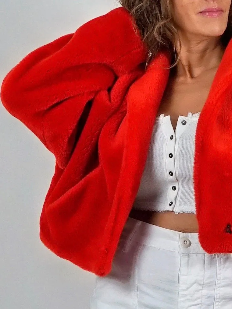 80's Red Fur Cropped Jacket