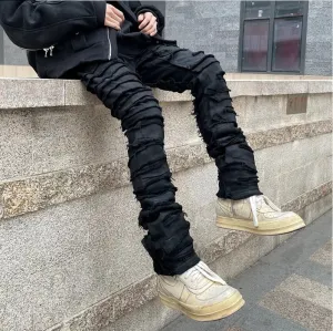 Aidase Heavy Industry Hole Frayed Destruction Waxed Jeans Mens High Street Retro Straight Ripped Pencil Pants Oversize Denim Trousers
