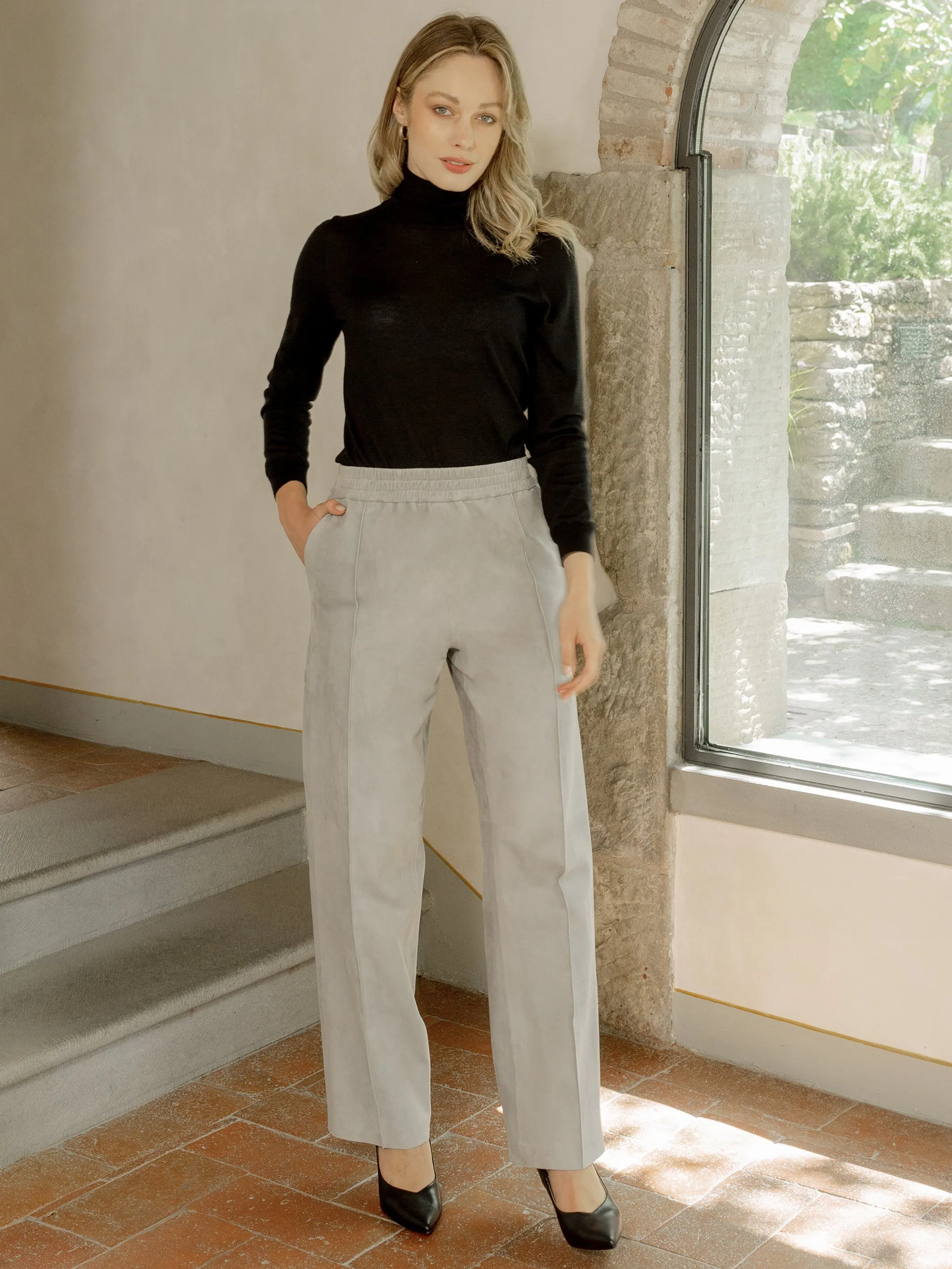 Angie Wide-Leg Lambskin Suede Pants