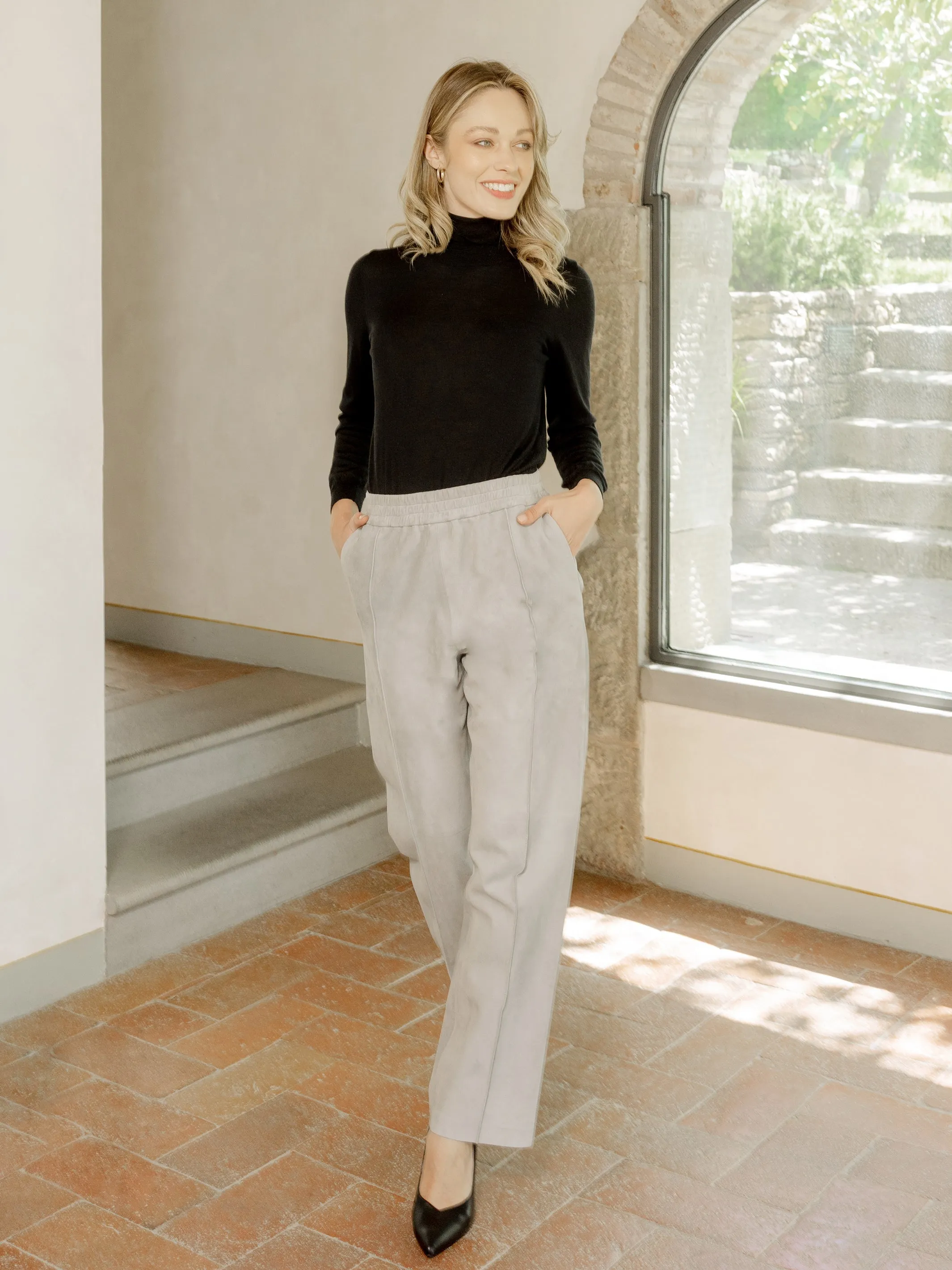 Angie Wide-Leg Lambskin Suede Pants