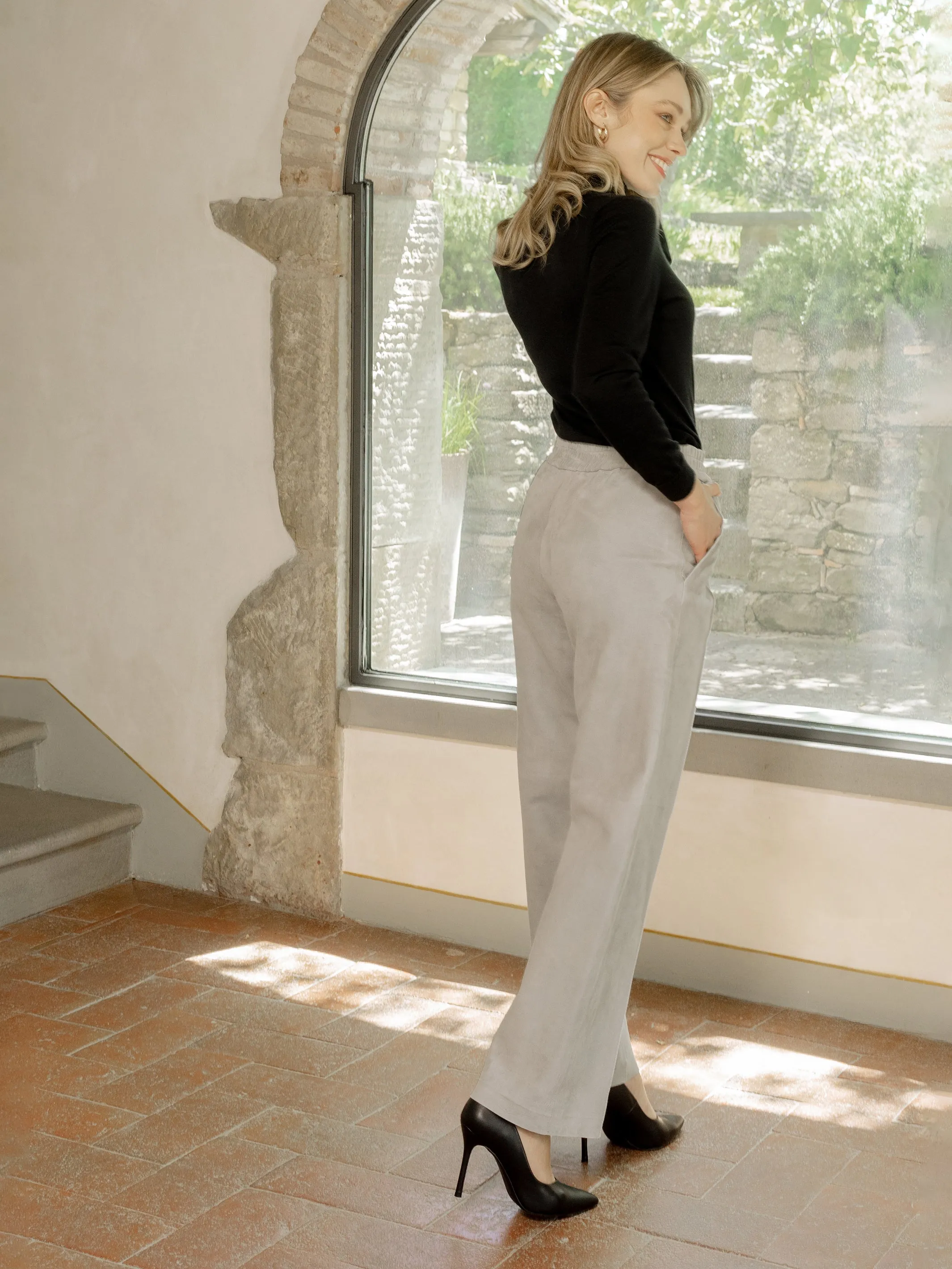 Angie Wide-Leg Lambskin Suede Pants