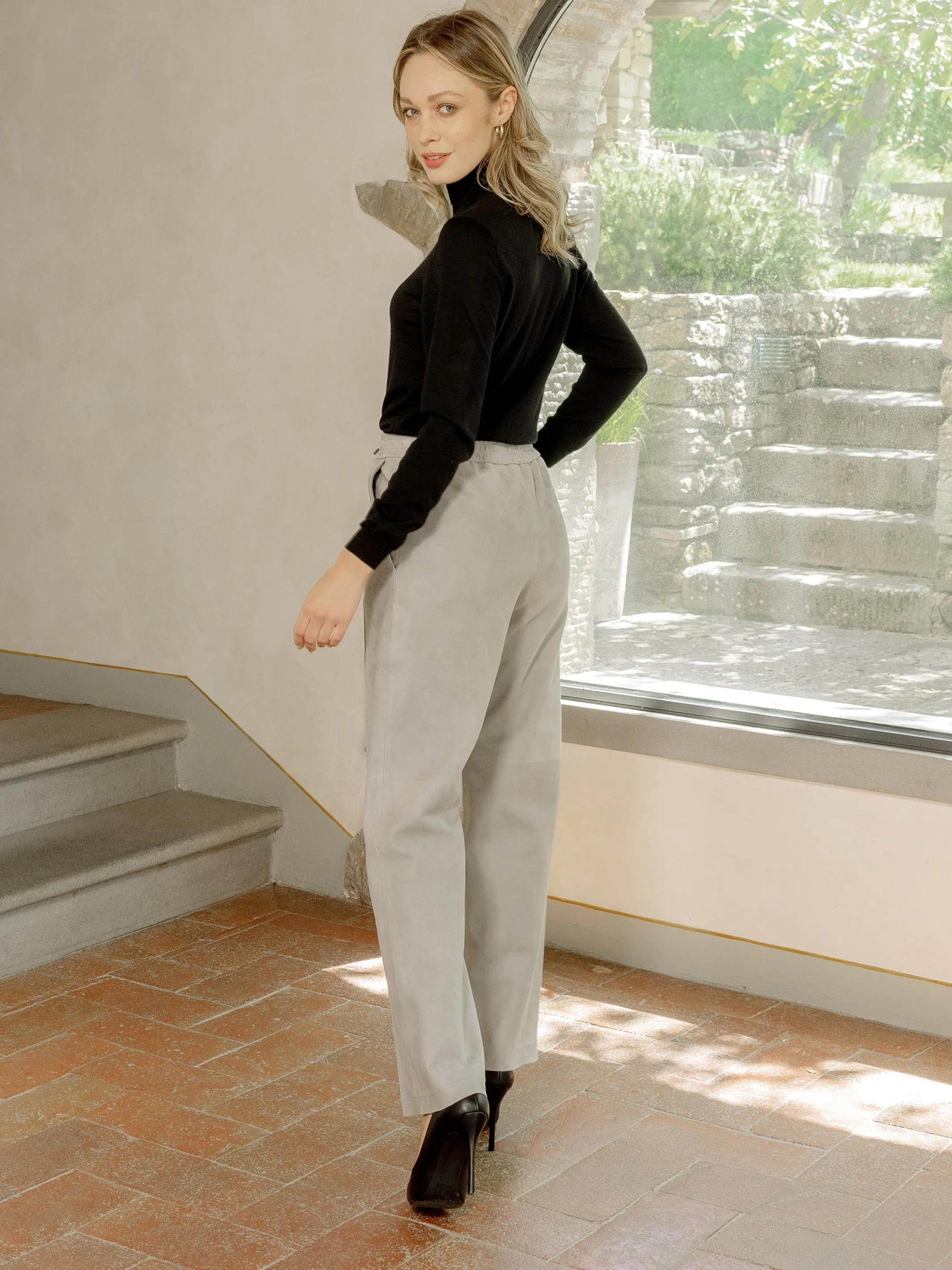 Angie Wide-Leg Lambskin Suede Pants