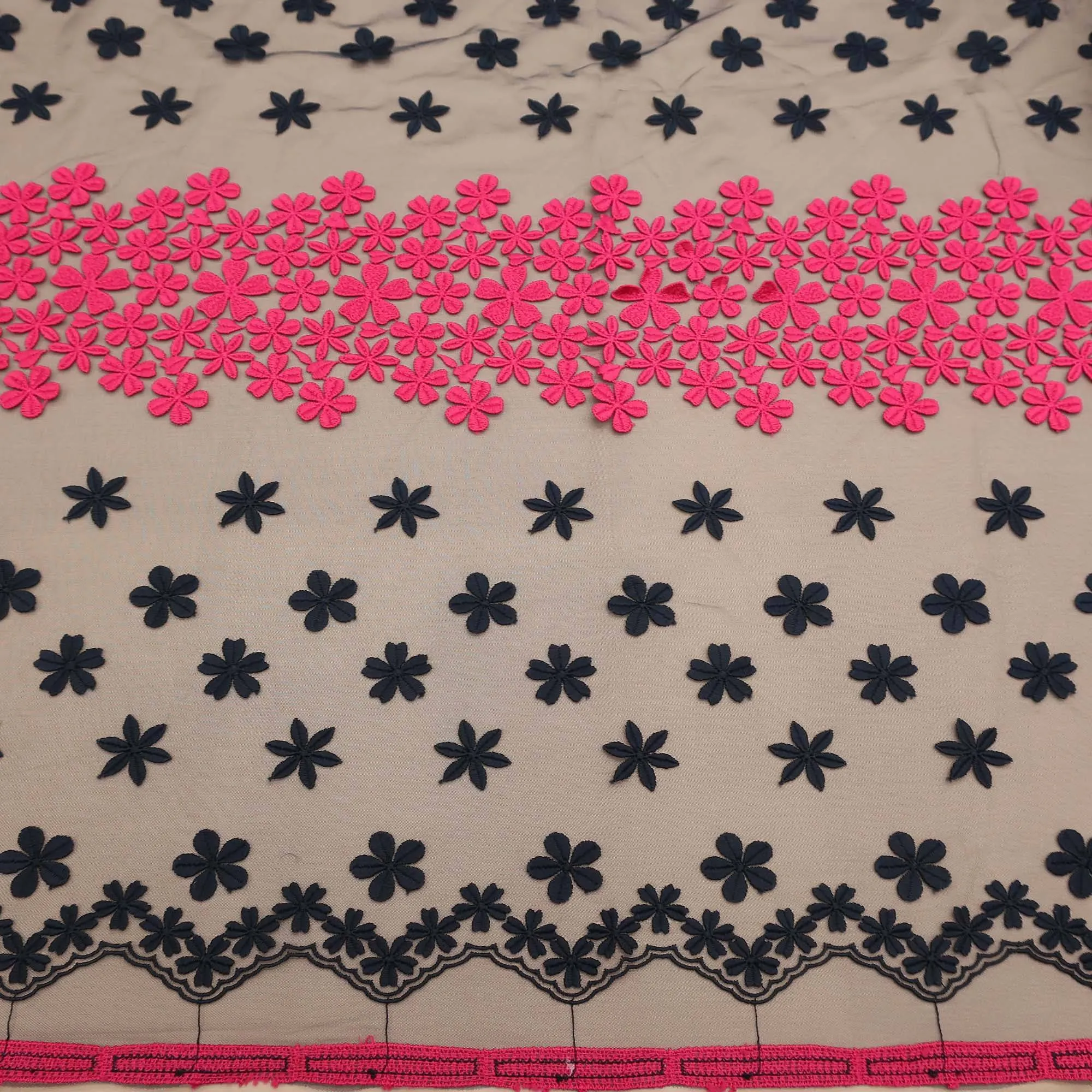 Black and Pink Floral Embroidered Tulle Fabric