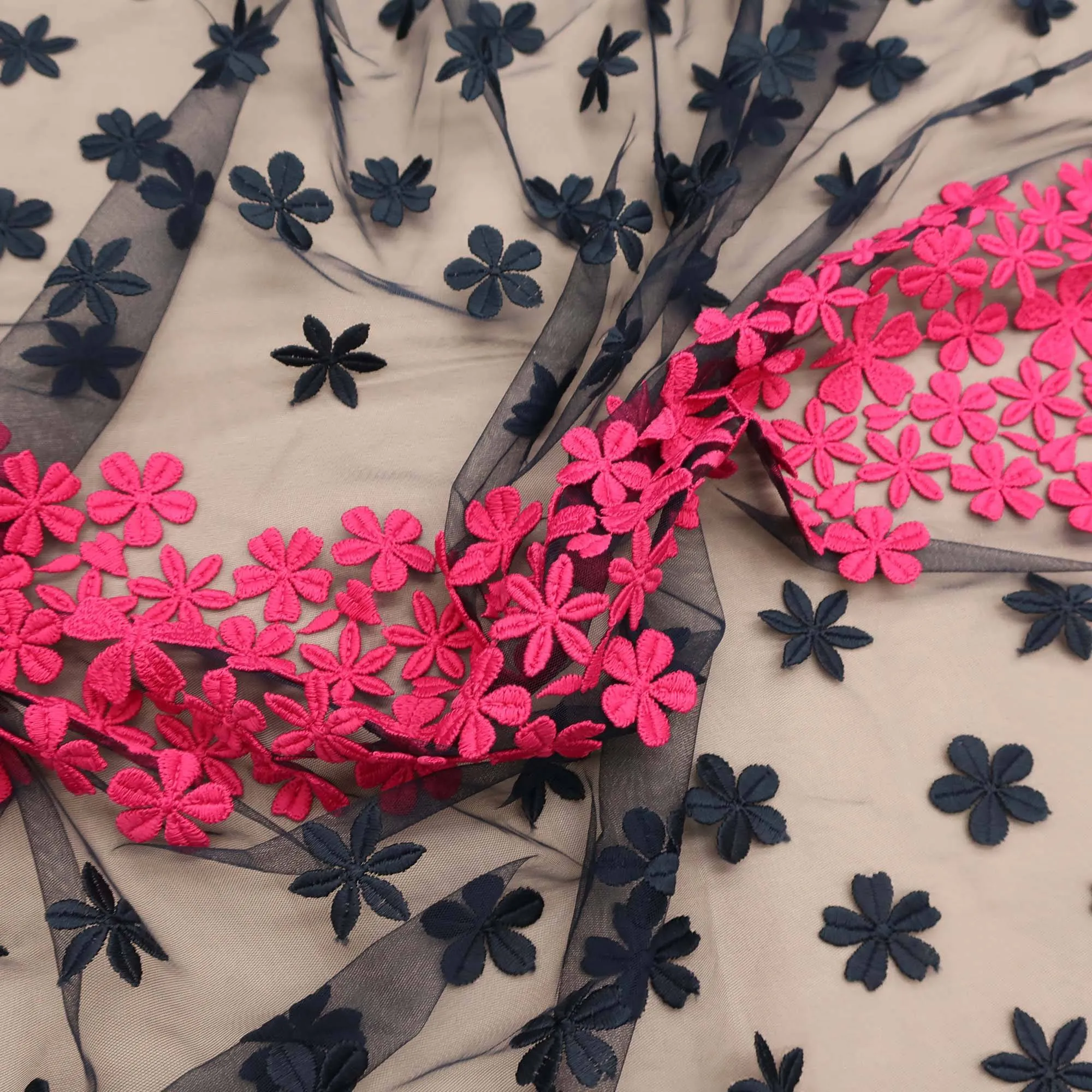Black and Pink Floral Embroidered Tulle Fabric