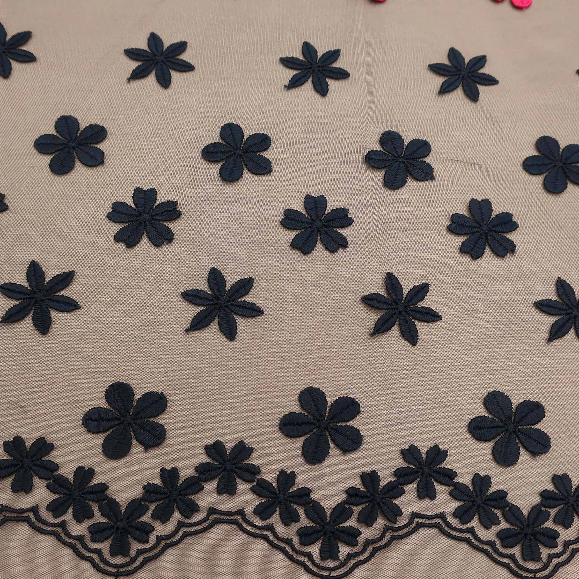 Black and Pink Floral Embroidered Tulle Fabric