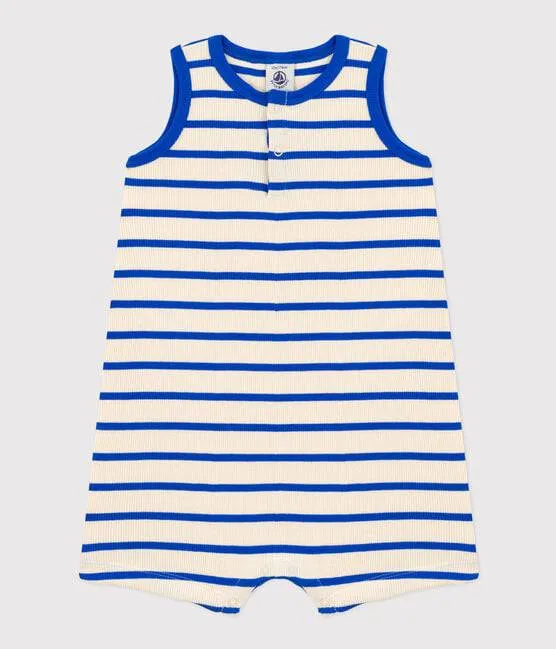 Blue and White Striped Rib-Knit Playsuit