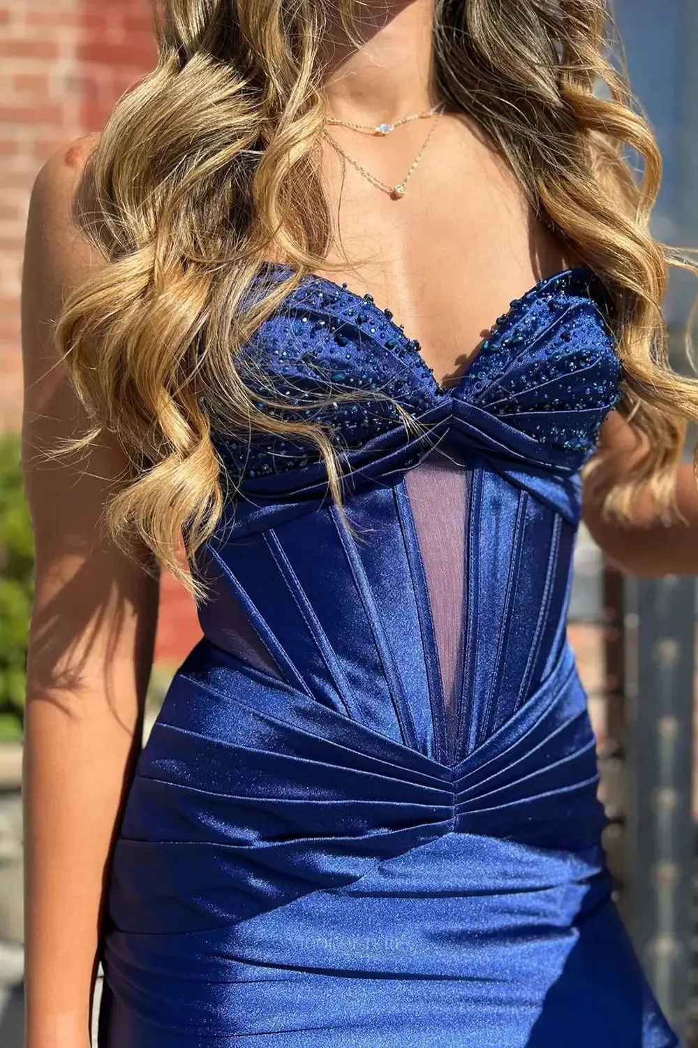 Blue Satin Mermaid Prom Dresses 2025 Spaghetti Strap Formal Dresses with Slit – 25121