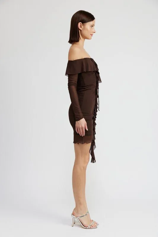 Brown Off Shoulder Ruffle Mini Dress