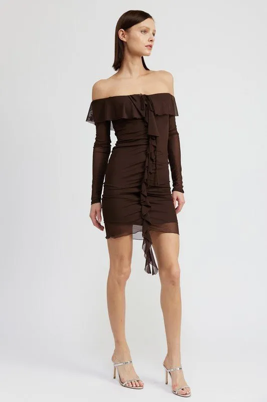 Brown Off Shoulder Ruffle Mini Dress