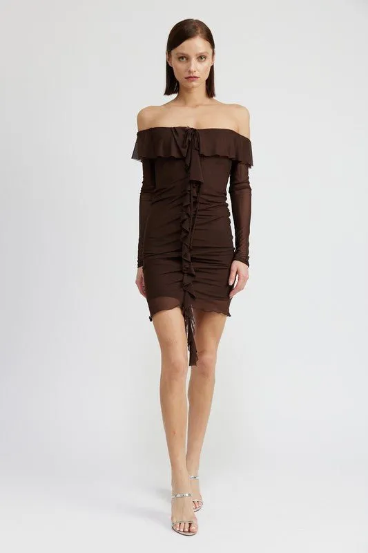 Brown Off Shoulder Ruffle Mini Dress