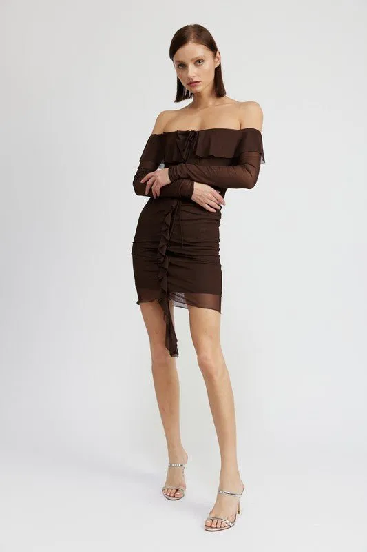 Brown Off Shoulder Ruffle Mini Dress