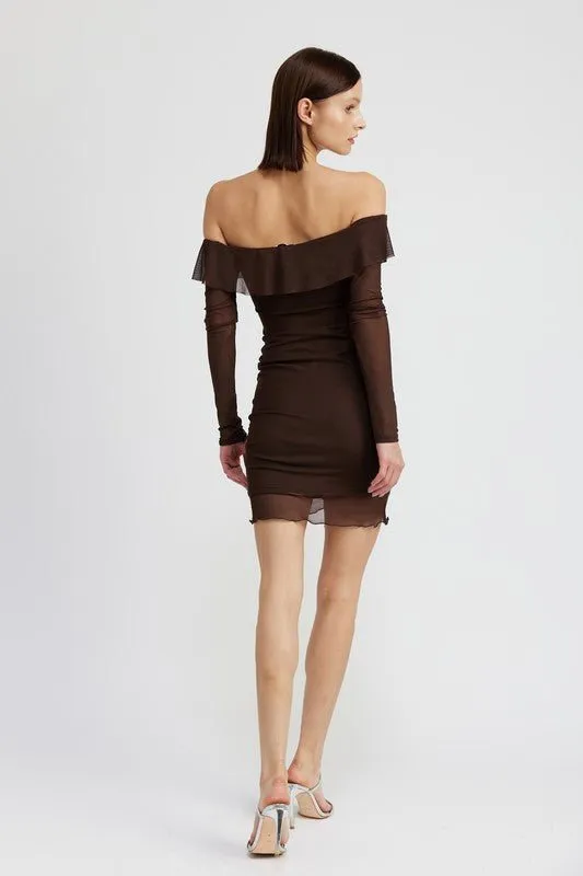 Brown Off Shoulder Ruffle Mini Dress
