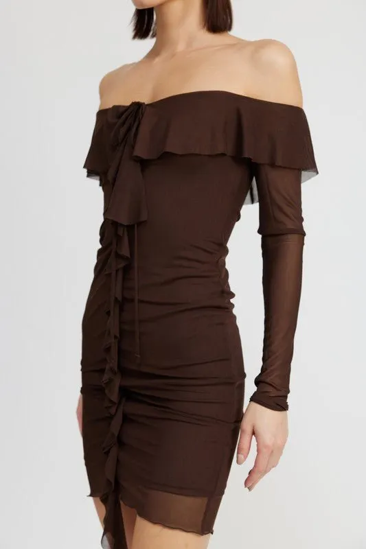 Brown Off Shoulder Ruffle Mini Dress