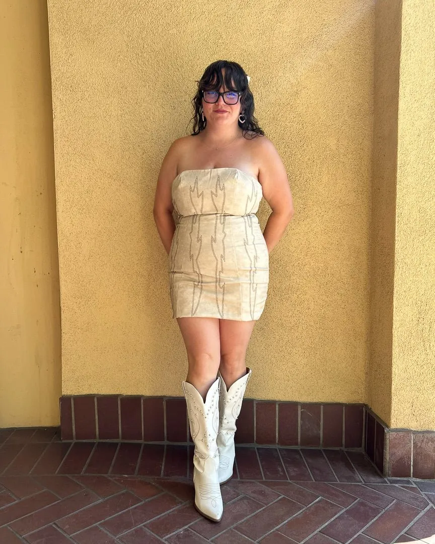 Cream Backless Faux Leather Western Embroidered Mini Dress