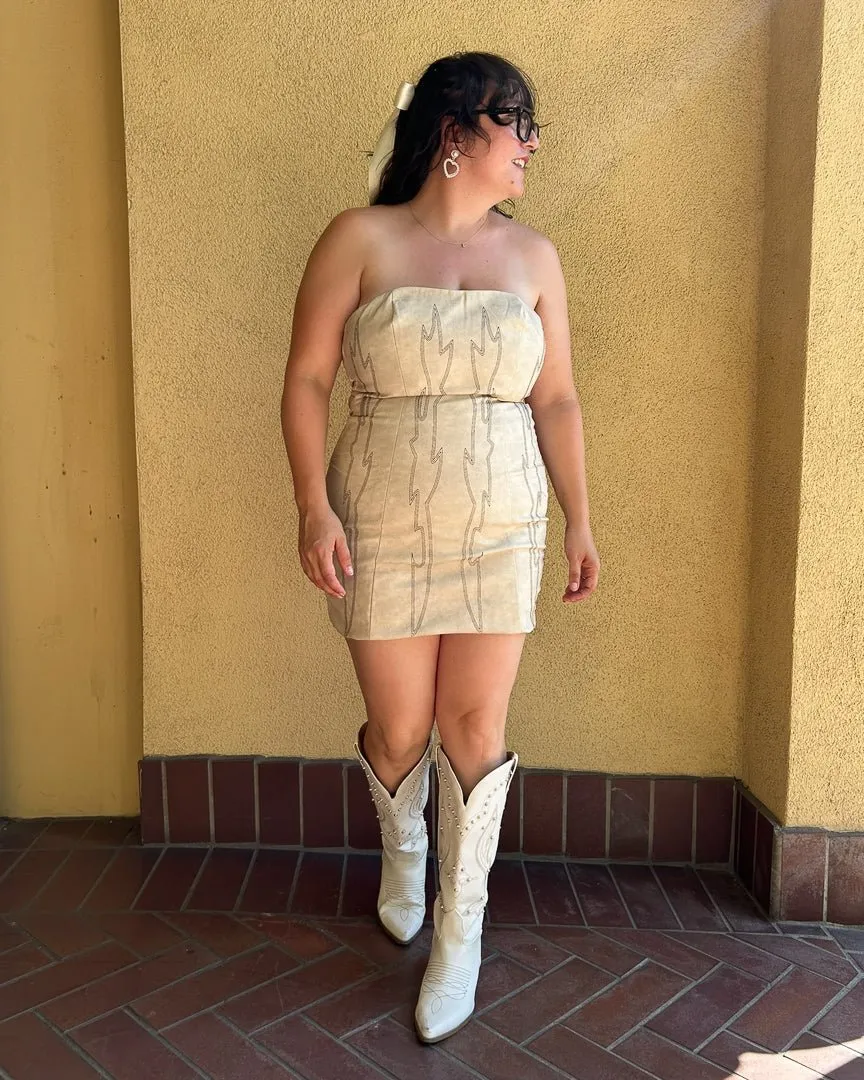 Cream Backless Faux Leather Western Embroidered Mini Dress
