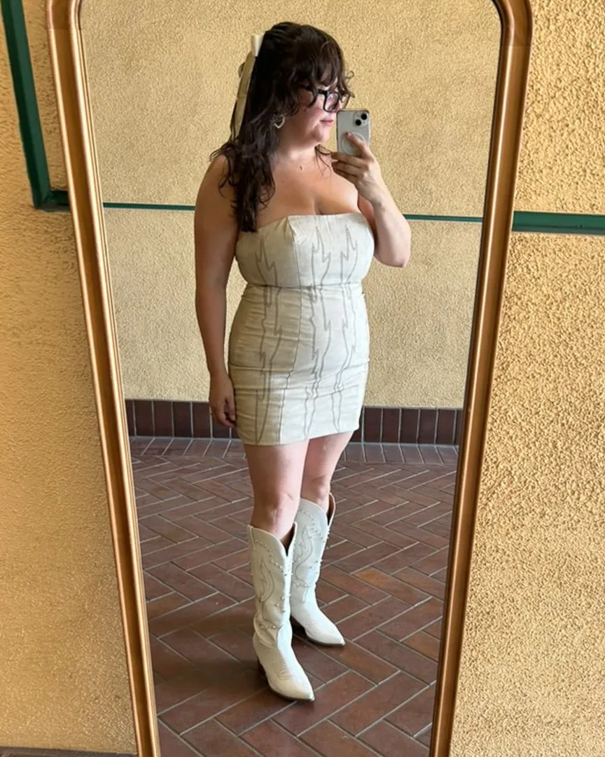 Cream Backless Faux Leather Western Embroidered Mini Dress