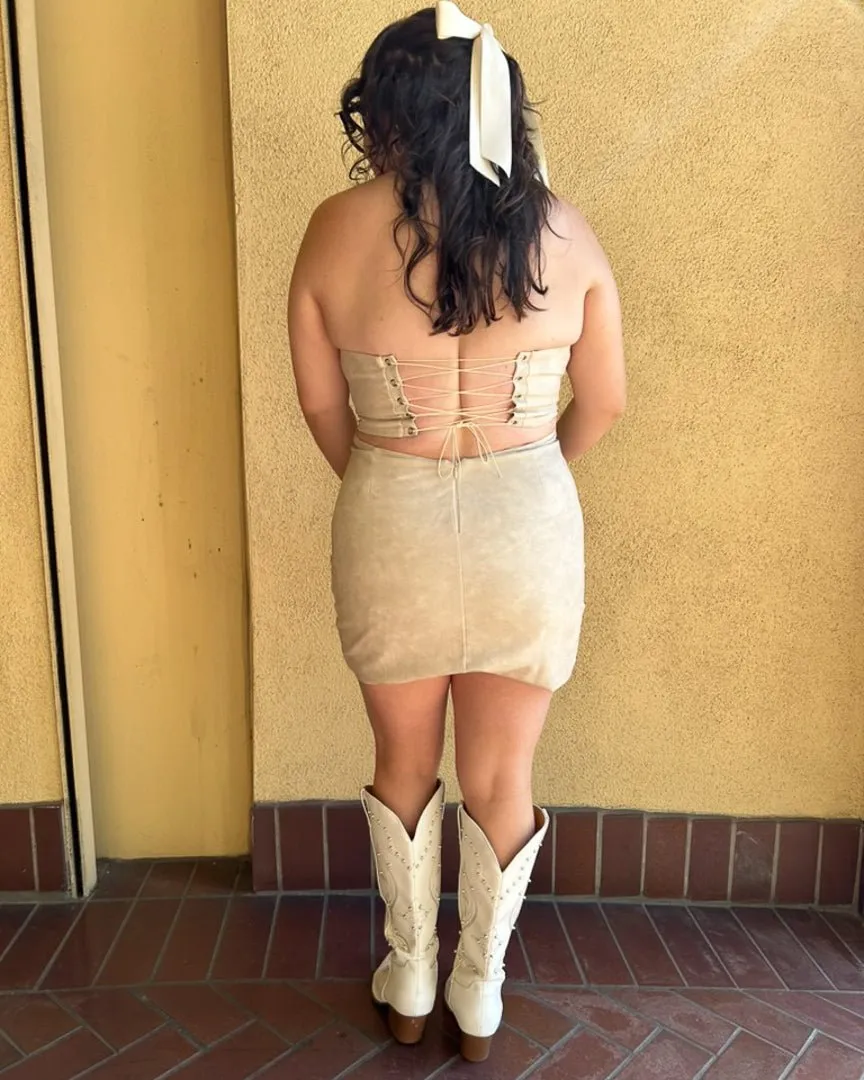 Cream Backless Faux Leather Western Embroidered Mini Dress
