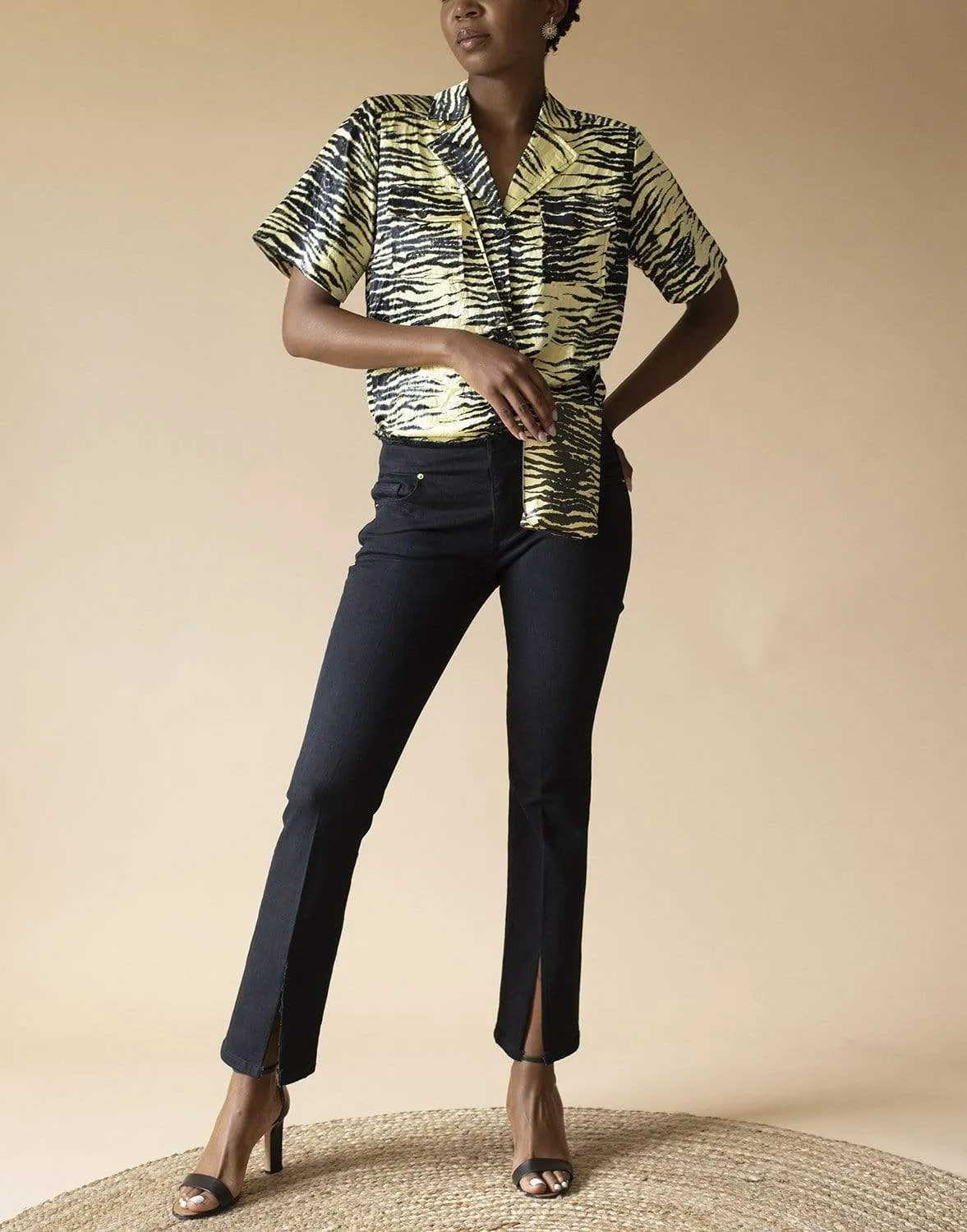 Crinkled Satin Relaxed Short-Sleeve Shirt