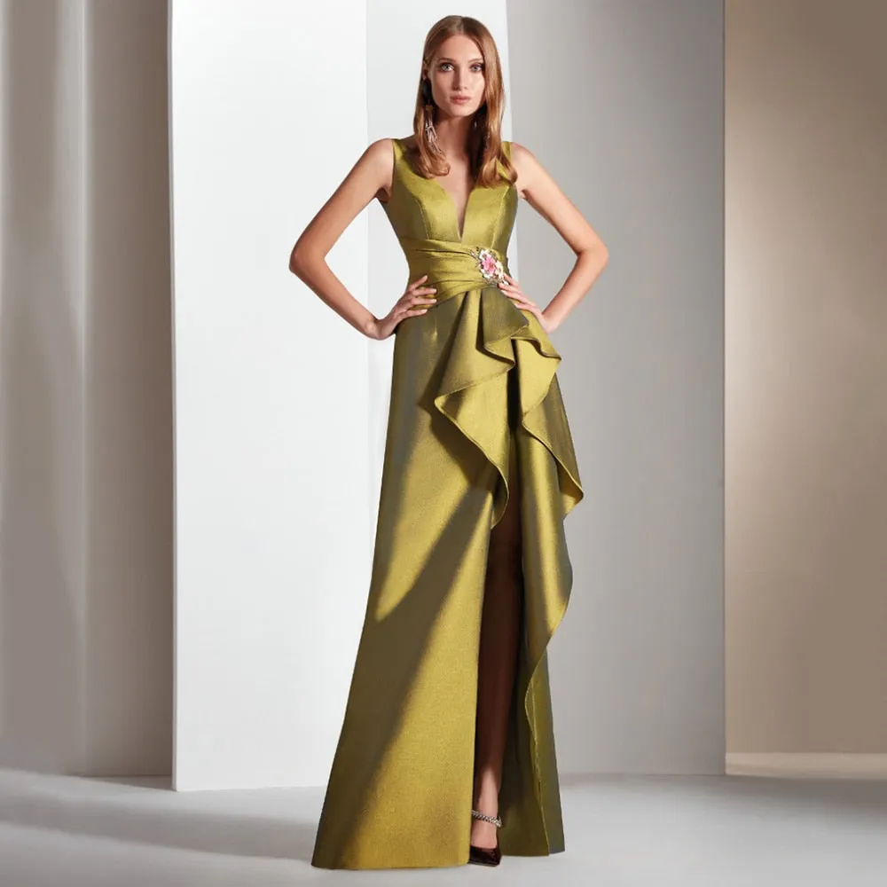 Deep V-neck Gold Mermaid Satin Backless High Split Dress