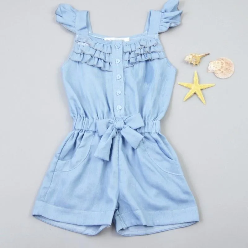 Denim Blue Cotton Washed Sleeveless Bow Jumpsuits 6M-5yrs