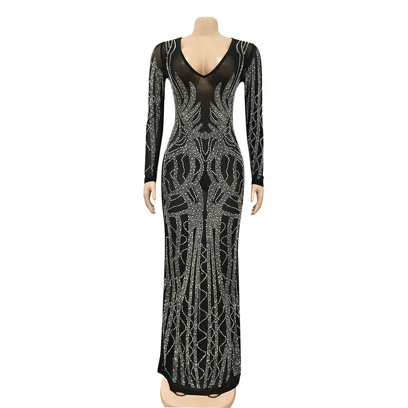 Diana Deep V Neck Crystal Maxi Gown