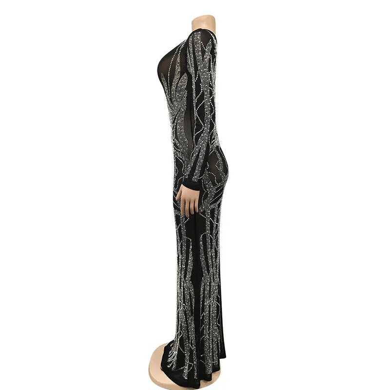 Diana Deep V Neck Crystal Maxi Gown