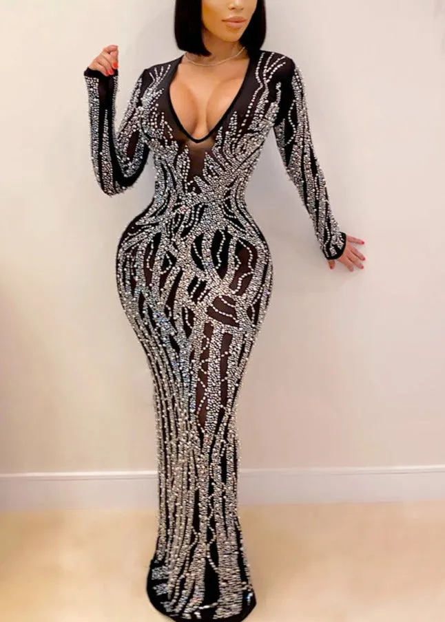 Diana Deep V Neck Crystal Maxi Gown