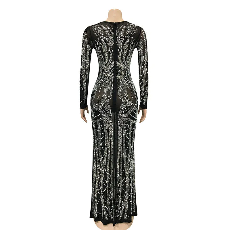 Diana Deep V Neck Crystal Maxi Gown