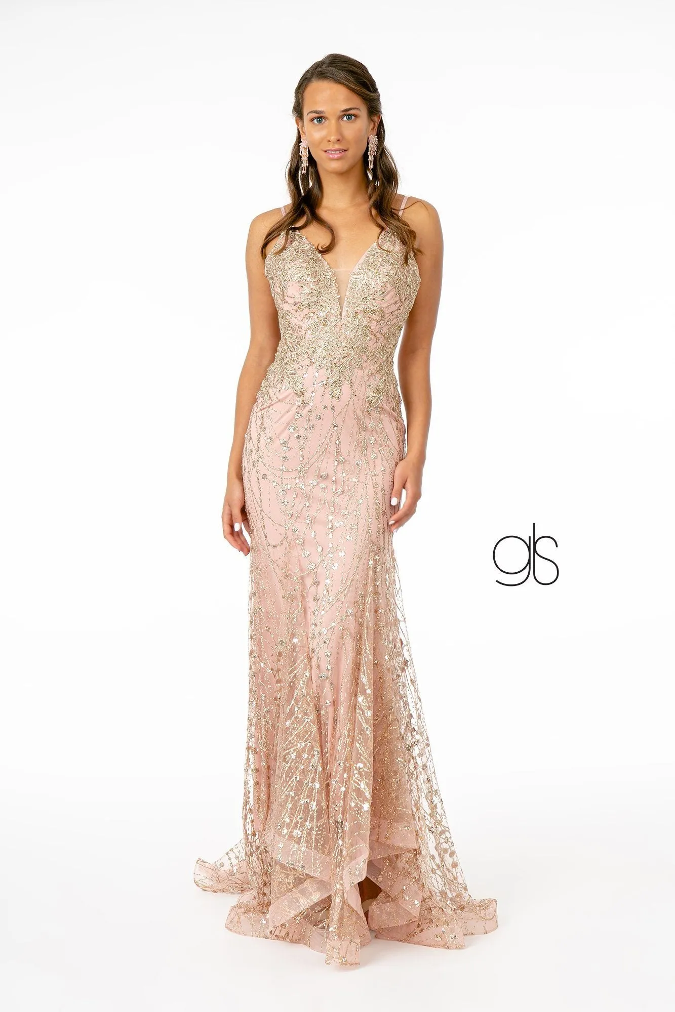 Fitted Long Glitter Dress with Corset Back by Elizabeth K GL2938