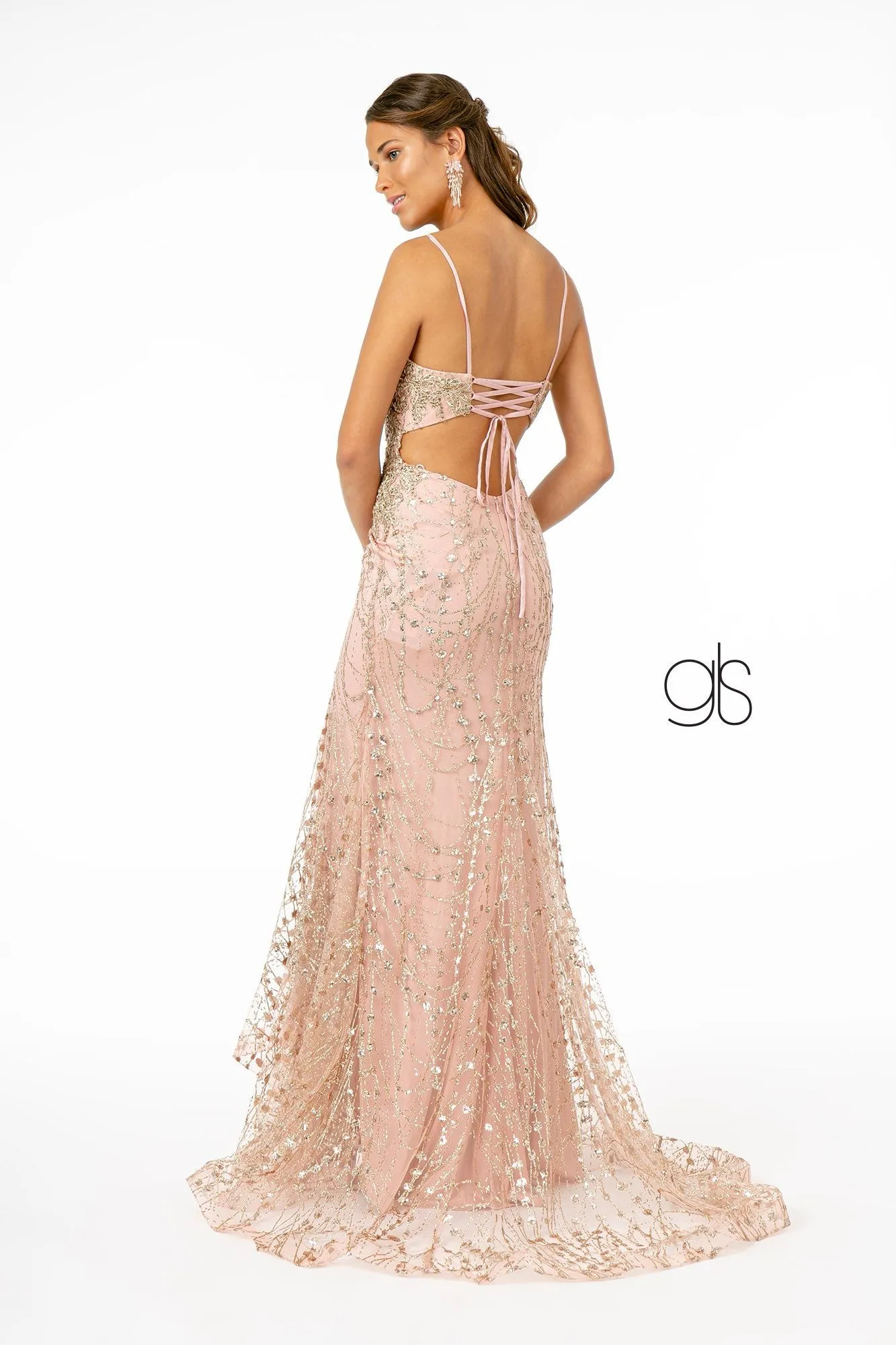 Fitted Long Glitter Dress with Corset Back by Elizabeth K GL2938