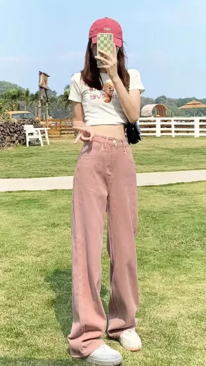 Flytonn-cute winter outfits casual winter outfits christmas outfit party look inspos High Waist Pink Colors Long Jeans Pants