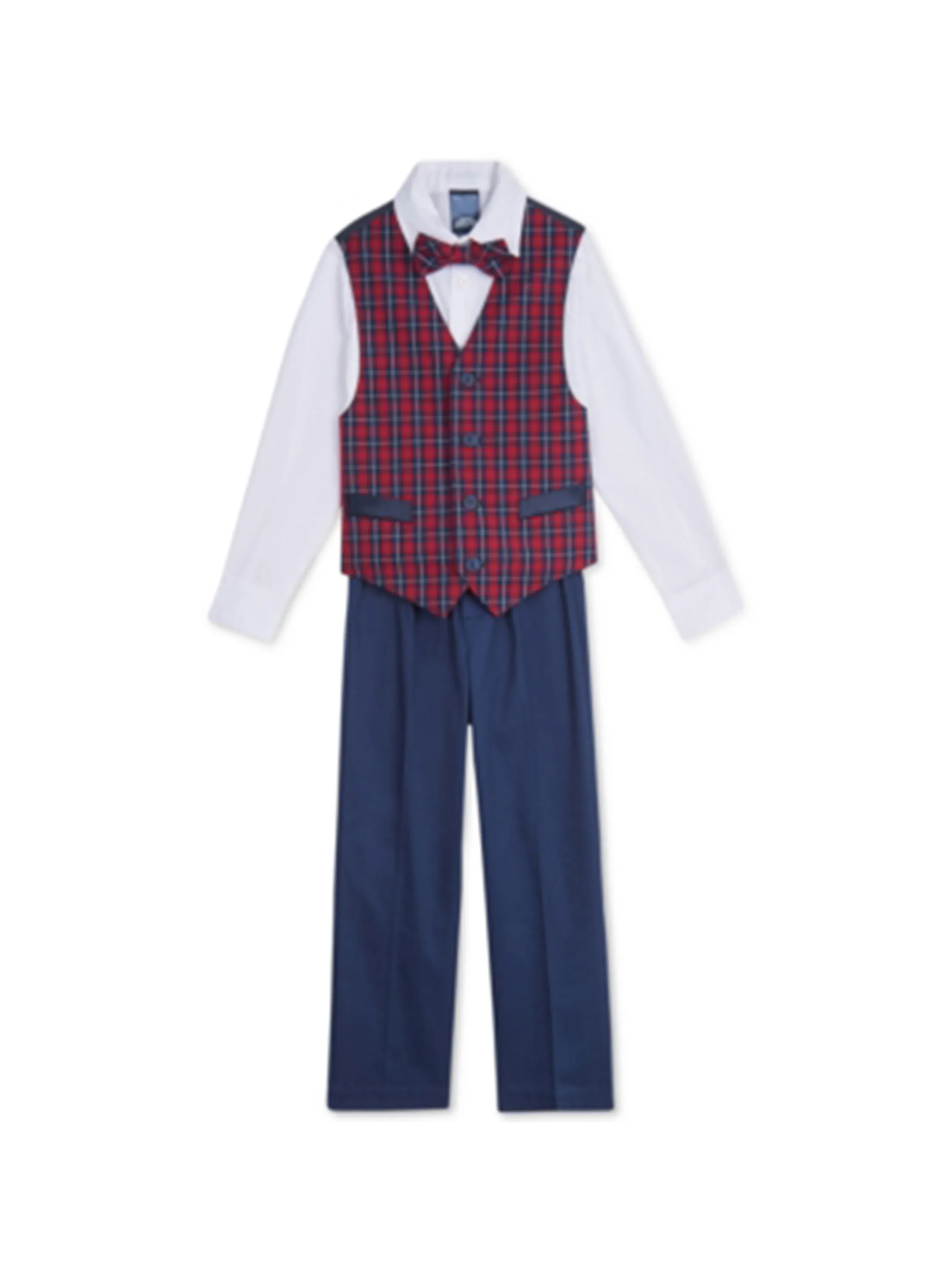 Kids Boy's 4 Pcs Plaid Top & Bottom Set,Navy