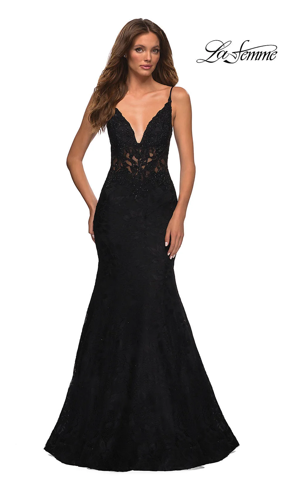 La Femme Sheer-Waist Long Lace Mermaid Prom Dress