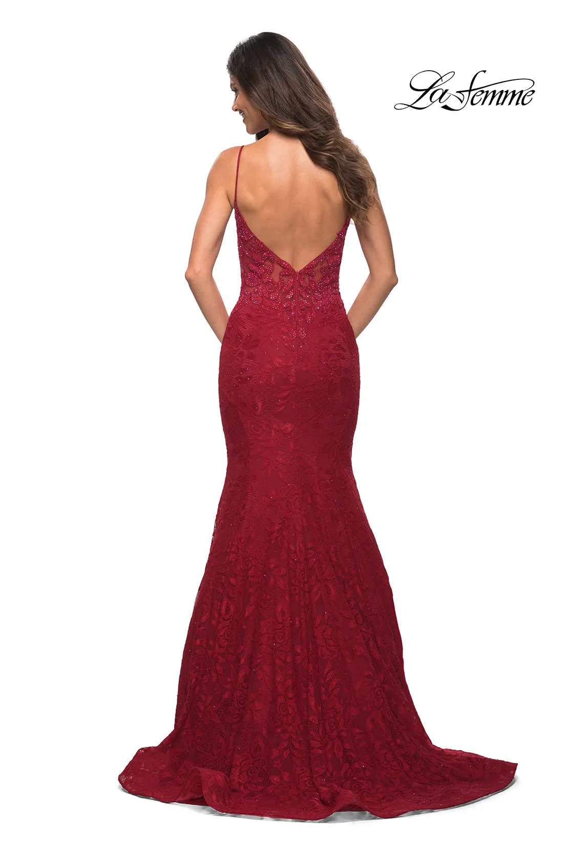 La Femme Sheer-Waist Long Lace Mermaid Prom Dress