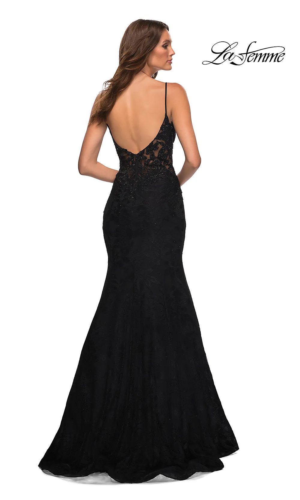 La Femme Sheer-Waist Long Lace Mermaid Prom Dress