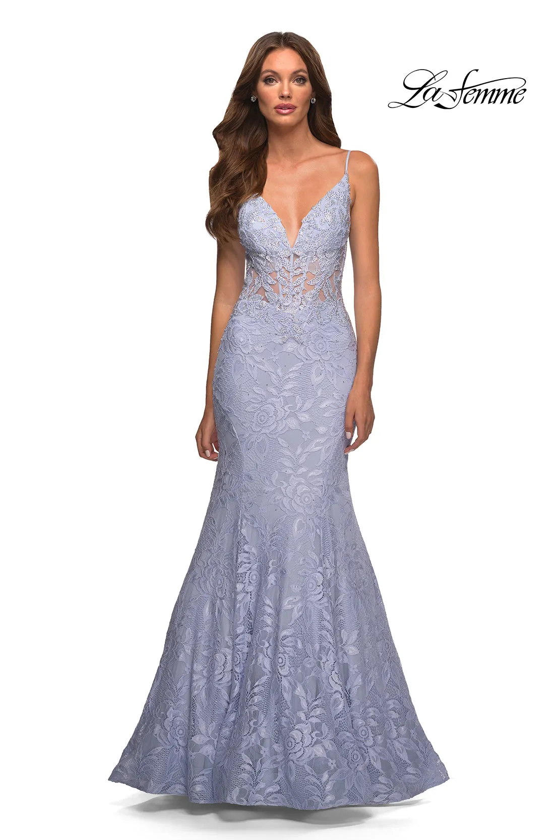 La Femme Sheer-Waist Long Lace Mermaid Prom Dress