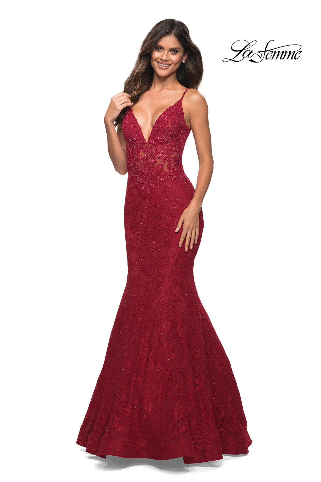 La Femme Sheer-Waist Long Lace Mermaid Prom Dress