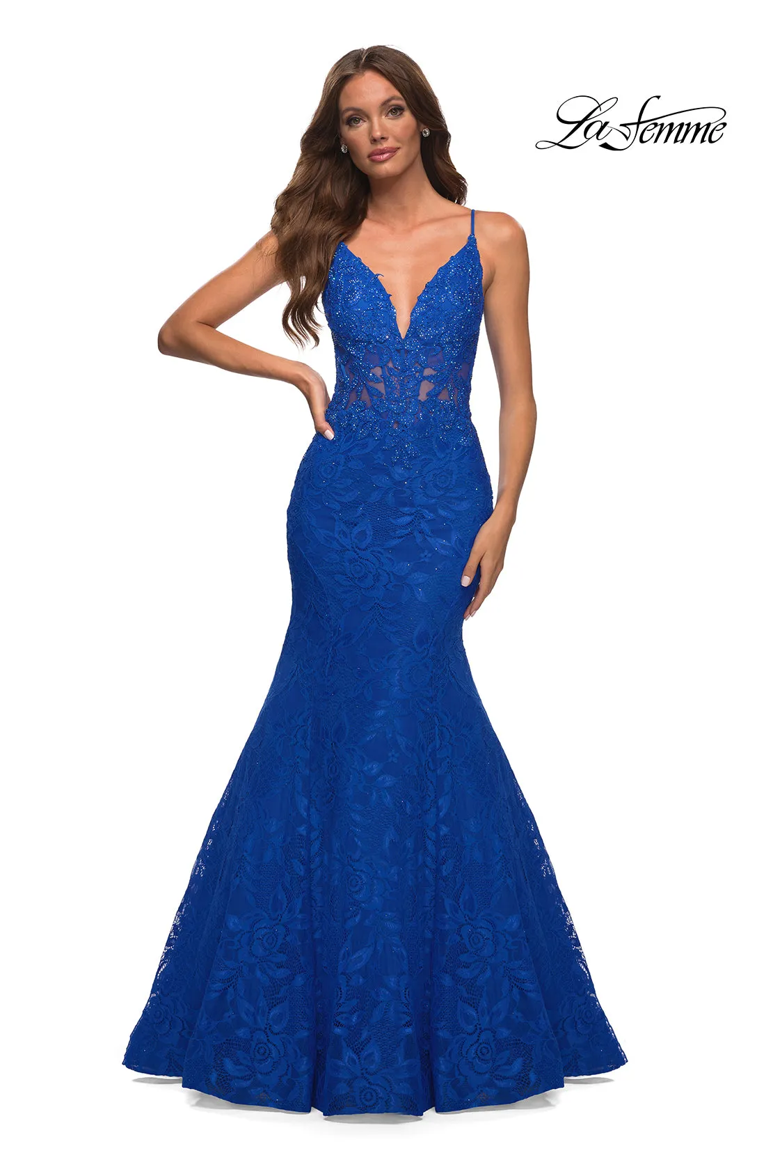 La Femme Sheer-Waist Long Lace Mermaid Prom Dress