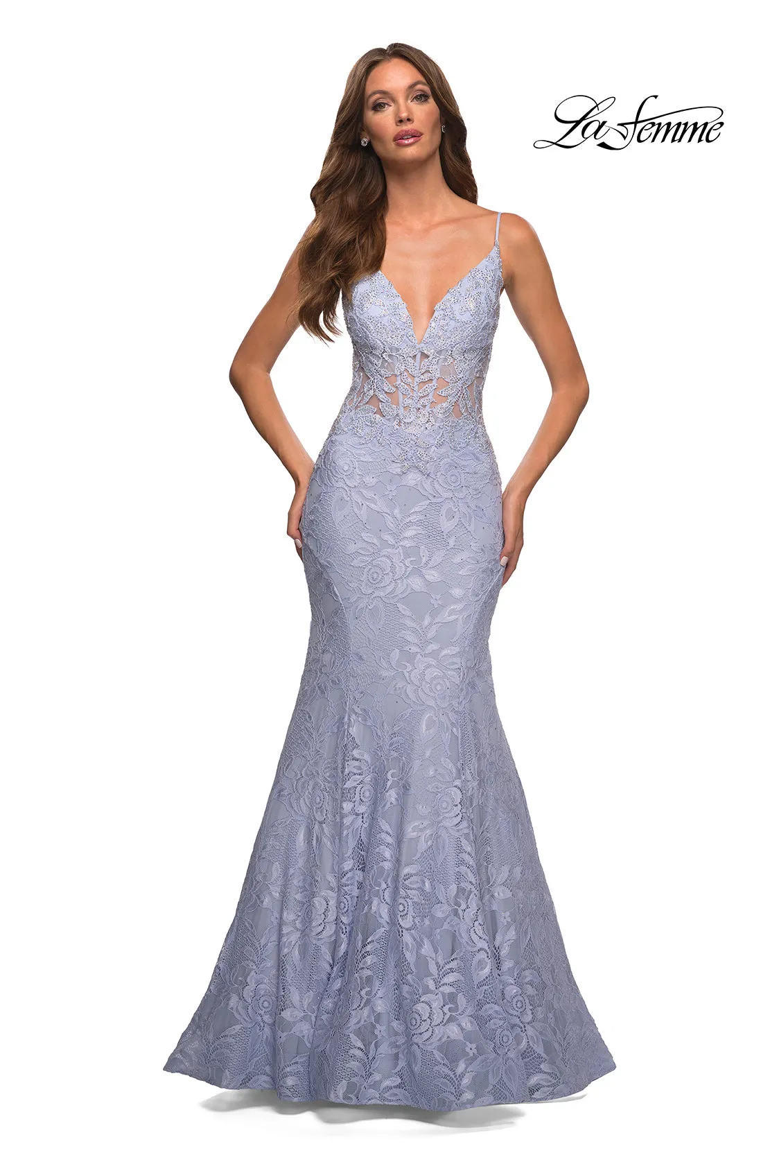 La Femme Sheer-Waist Long Lace Mermaid Prom Dress