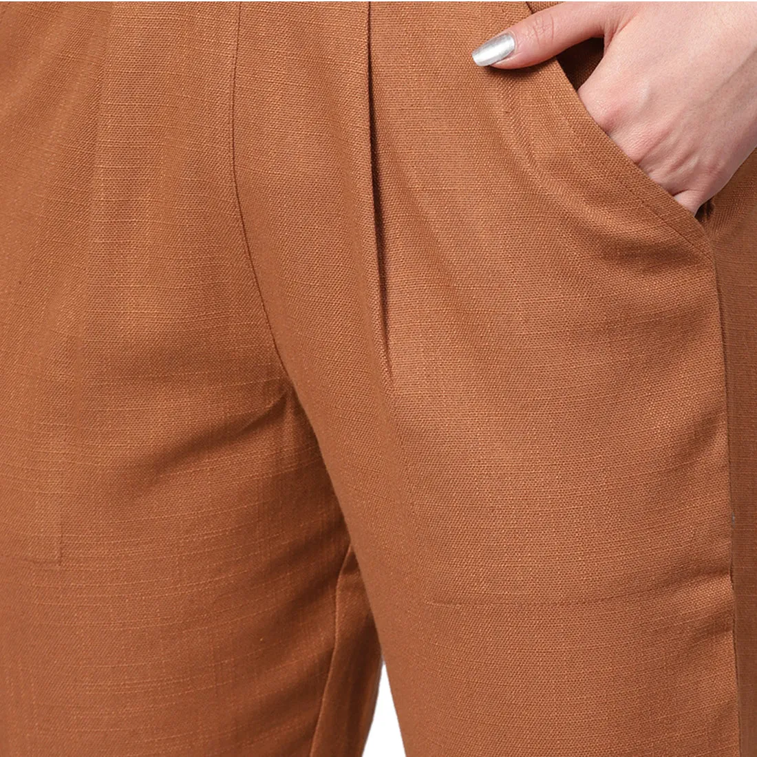 Light Brown Solid Cotton Slub Straight Pants