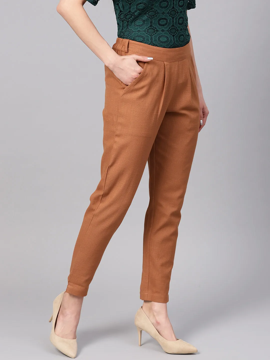 Light Brown Solid Cotton Slub Straight Pants