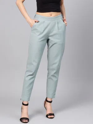 Light Grey Solid Cotton Slub Straight Pants