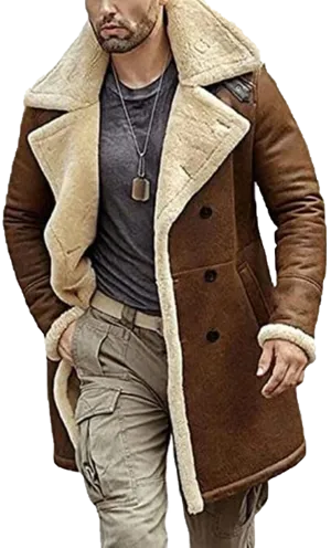 Men's B3 Double Breasted Genuine Leather and Artificial Fur Coat