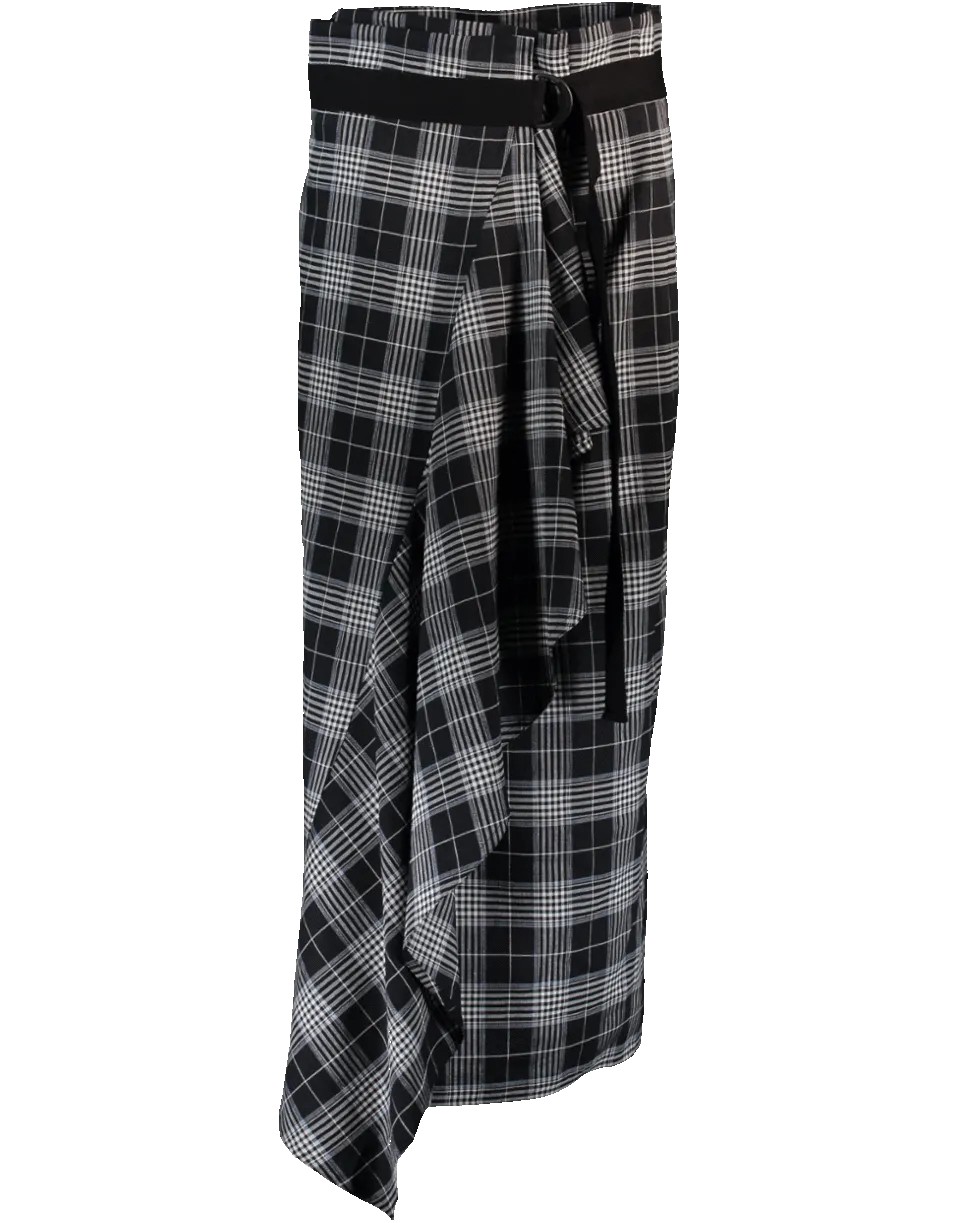 Midi Plaid Belted Ruffle Skirt