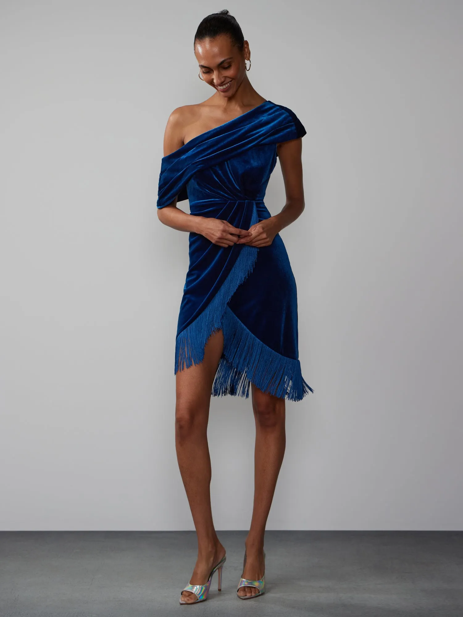 Off Shoulder Velvet Fringe Hem Dress
