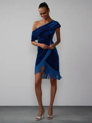 Off Shoulder Velvet Fringe Hem Dress